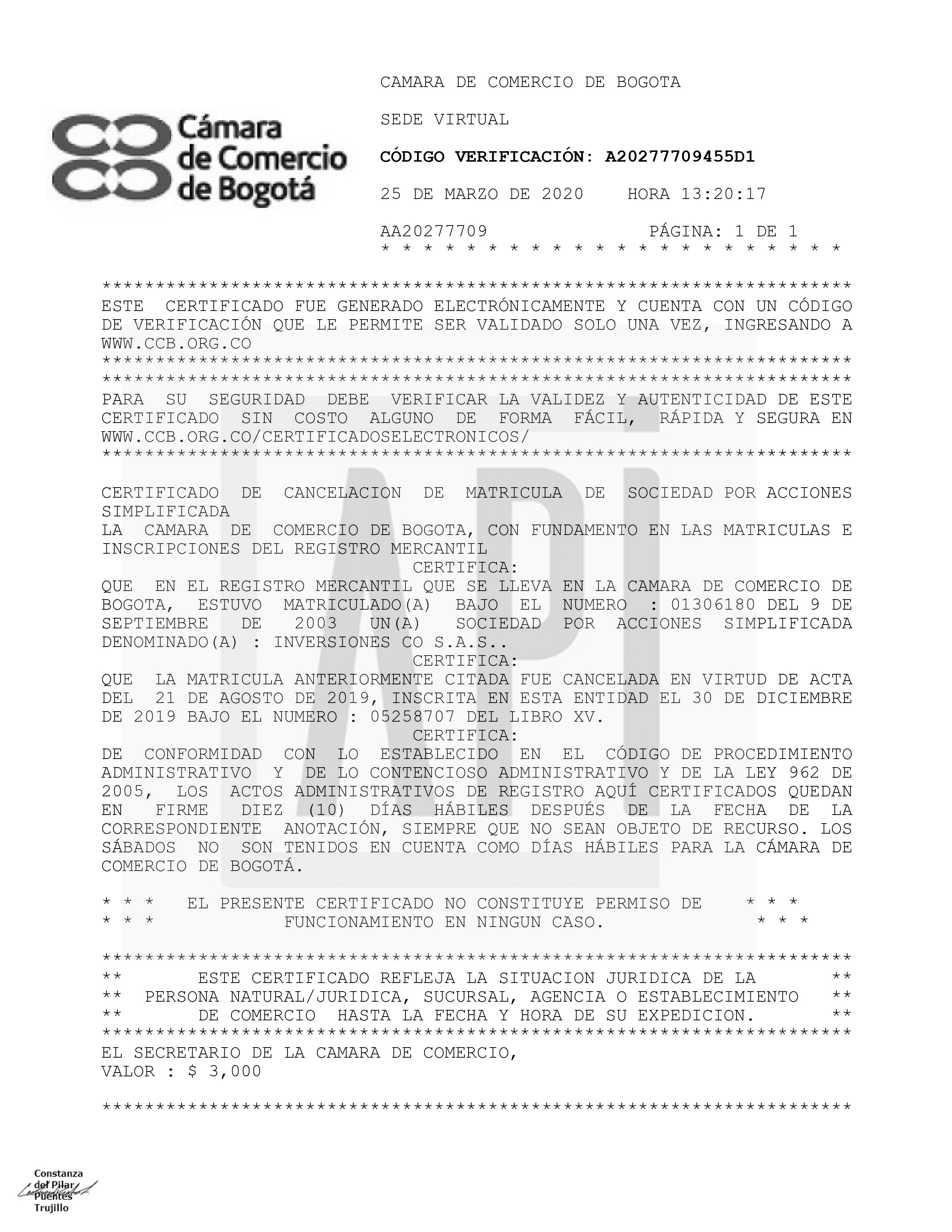 FACSIMIL DEL DOCUMENTO DE LA CANCELACIÓN DE LA MATRICULA