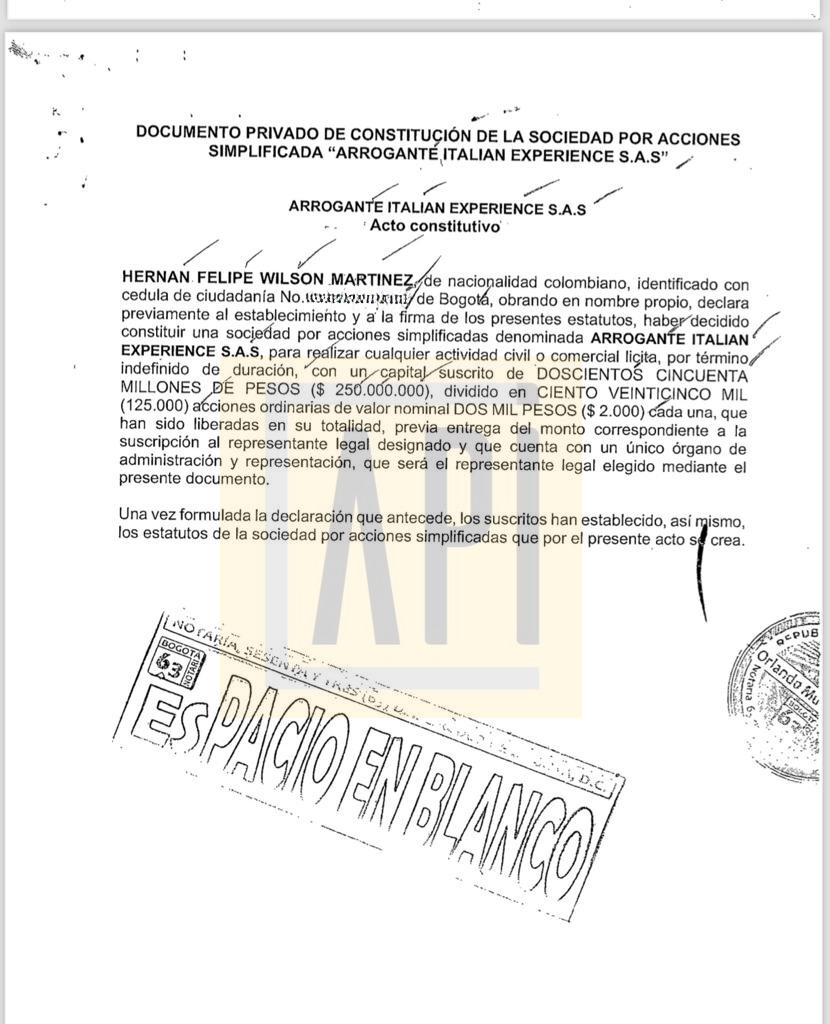 Fascimil de constitución de la firma propietaria de “Arrogante” es “Arrogante Italian Experience S.A.S. con su único dueño Hernán Felipe Wilson Martínez