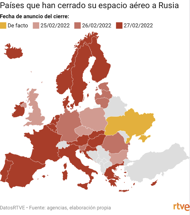 Mapa países europeos que han cerrado el espacio aéreo a Rusia / Foto: Rtve