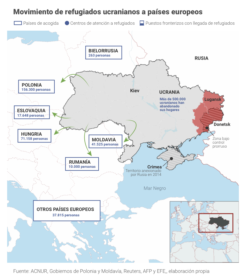 Mapa de refugiados ucranianos al cuarto día de la invasión rusa / Foto: Rtve