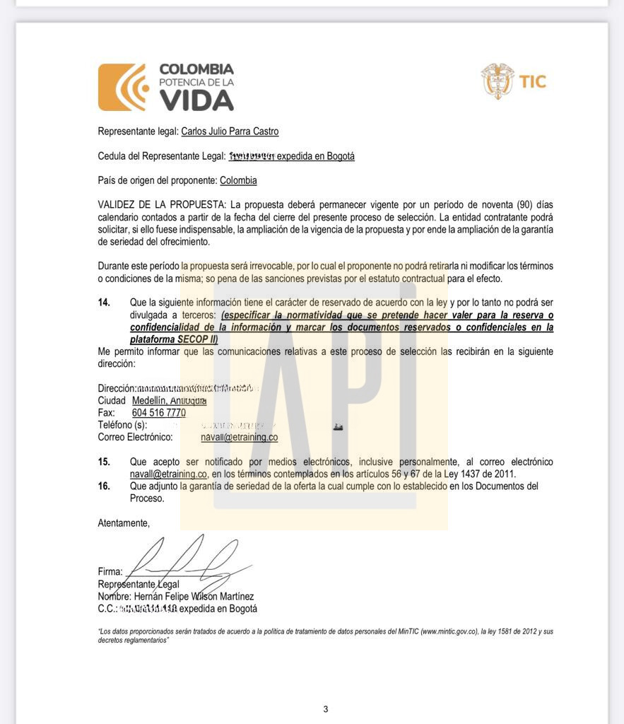 Facsimil del acta mediante la cual se constituye la unión temporal entre Ruta N y E Training SAS representada legalmente por Hernán Felipe Wilson Martínez, el dueño de Arrogante.