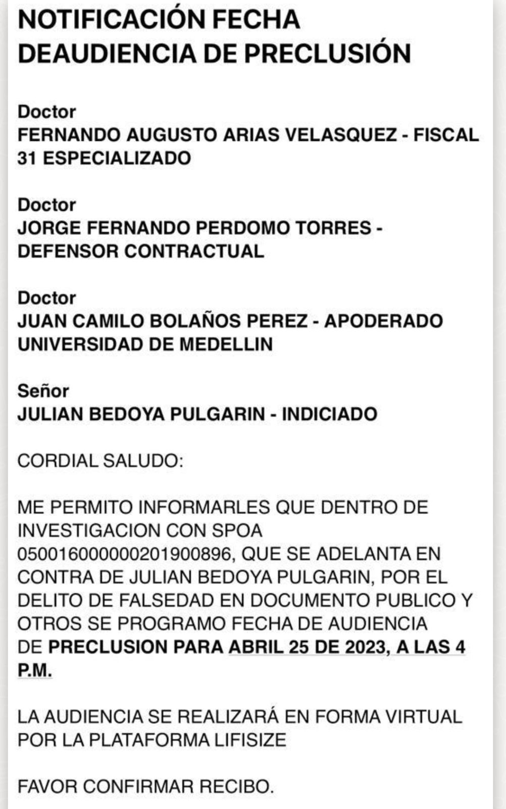 AUDIENCIA DE PRECLUSIÓN JULIÁN BEDOYA