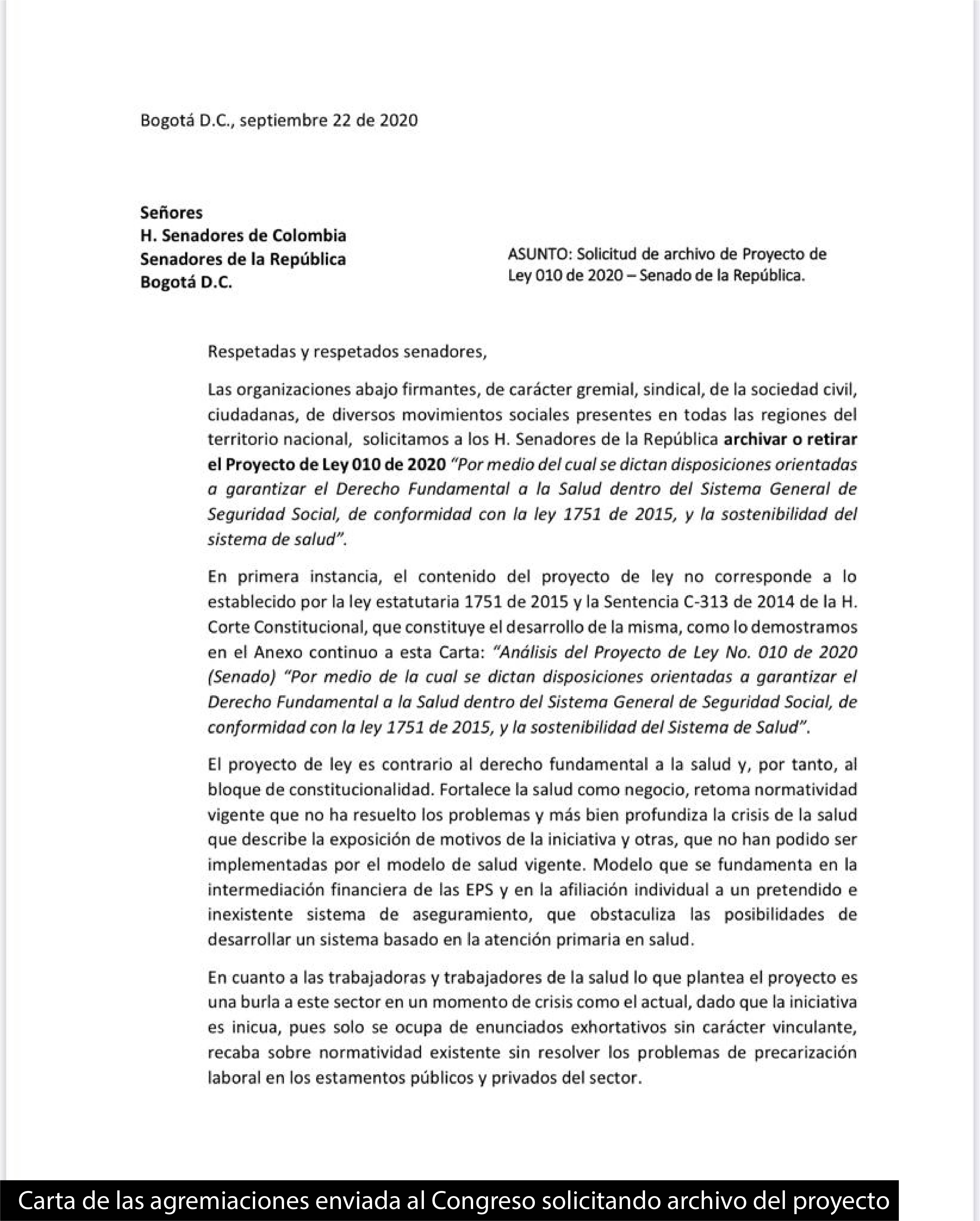 Carta de las agremiaciones