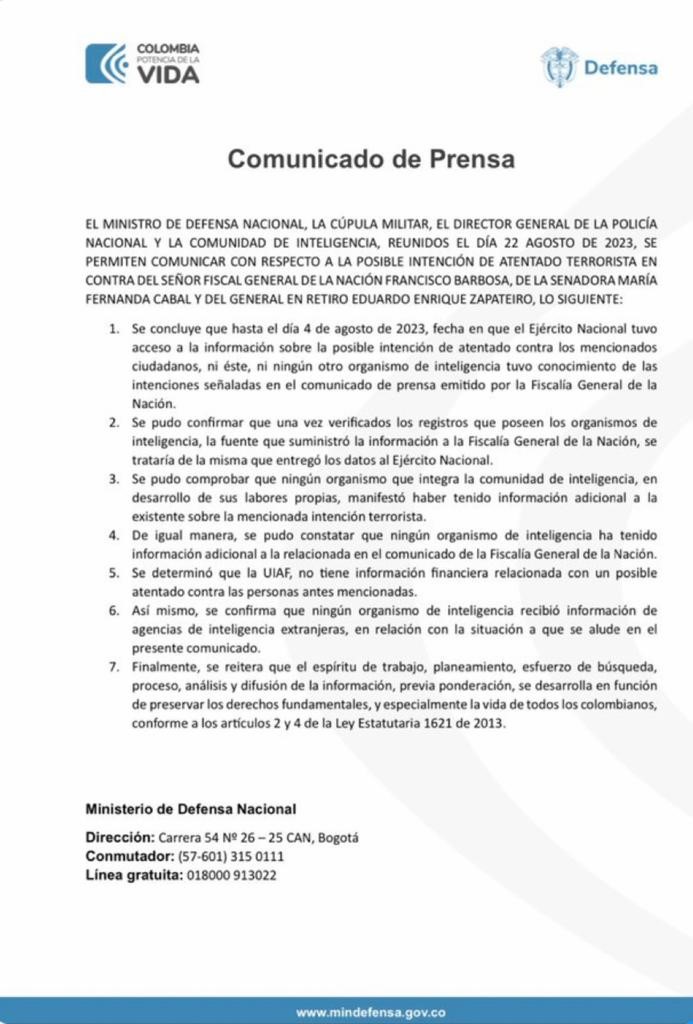 COMUNICADO DEL MINDEFENSA