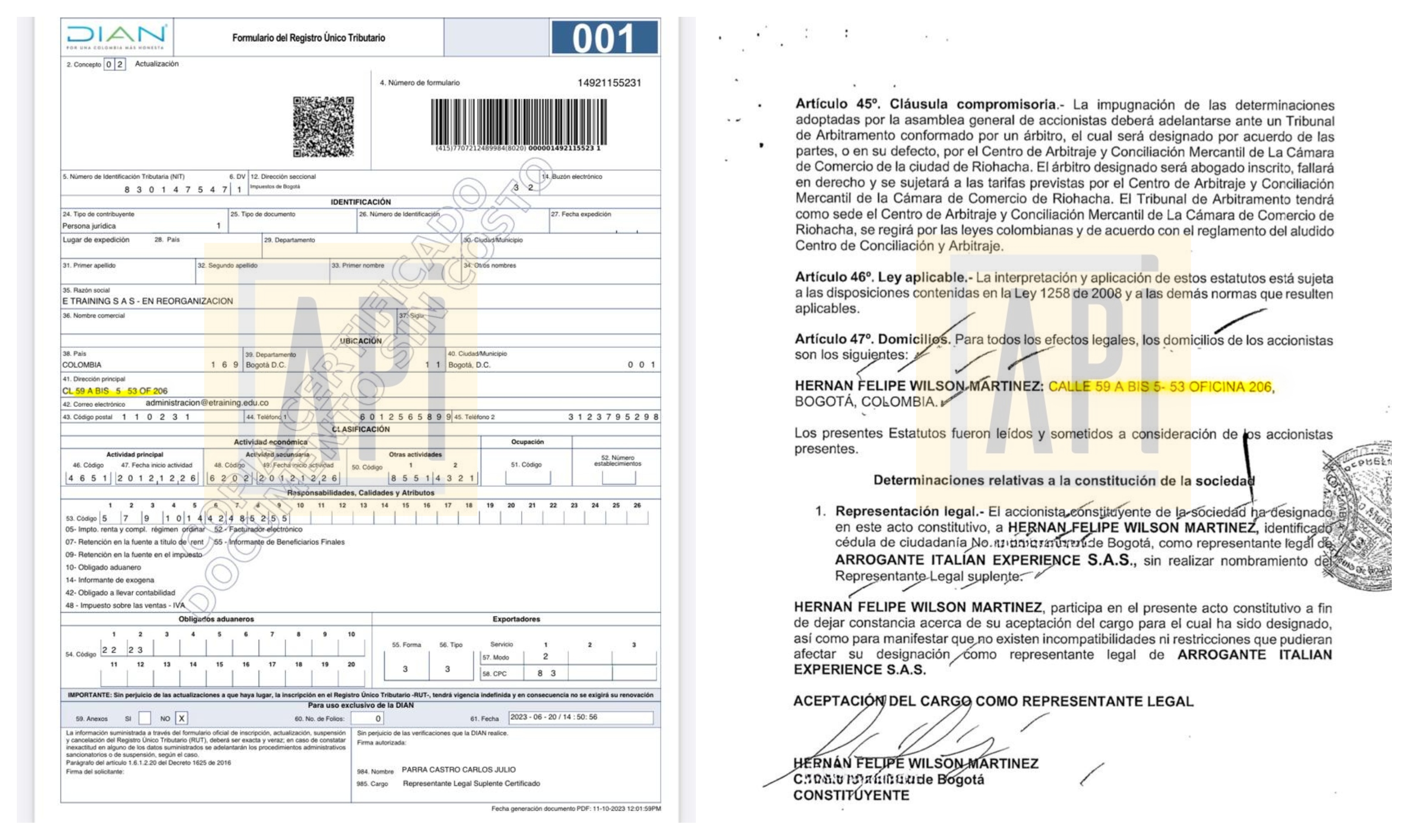 Facsimil del Rut de E Training SAS y del folio del acta de constitución donde figura la misma dirección Arrogante Italian Experience SAS. 