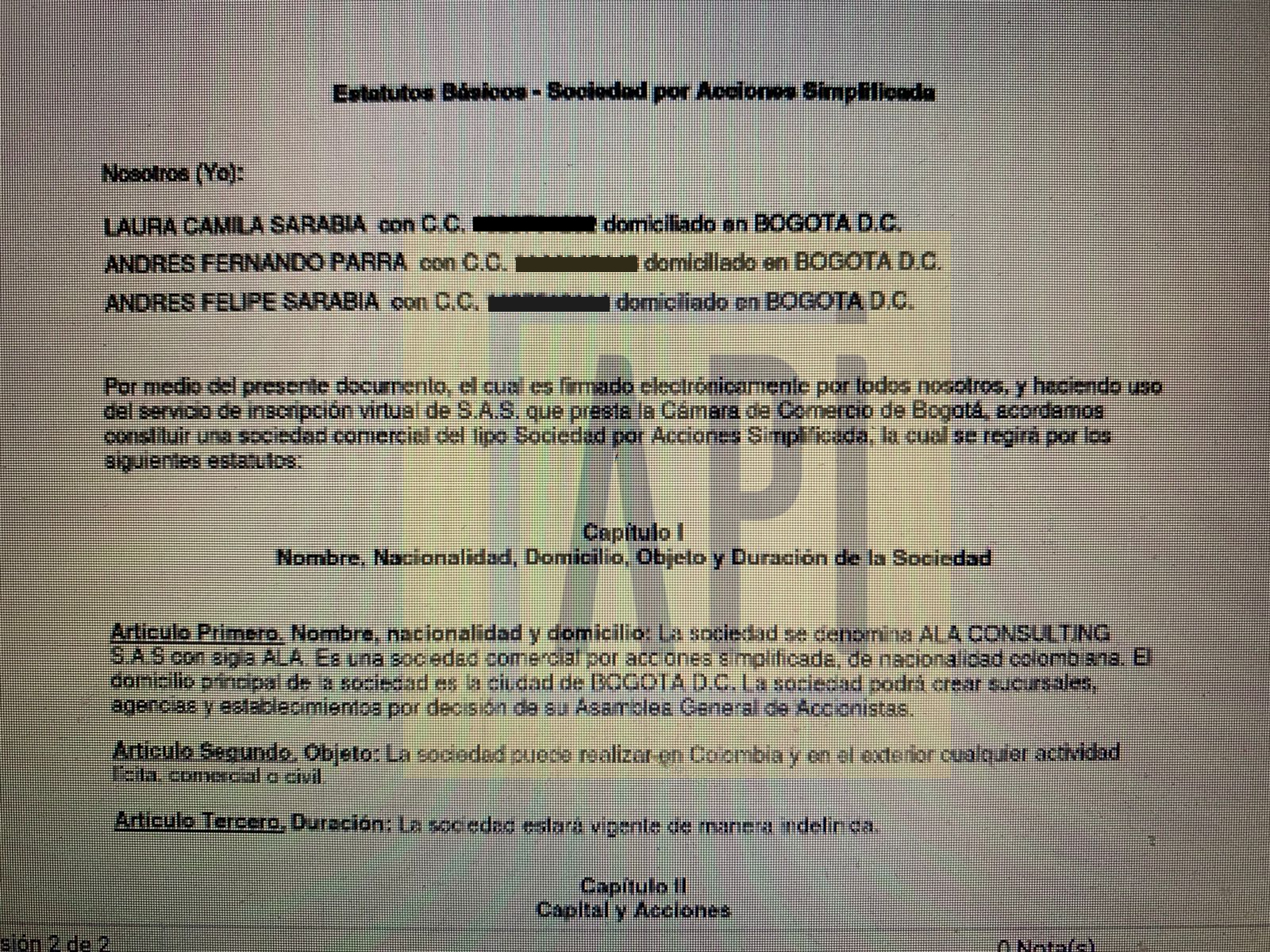 Facsímil acta de constitución de la empresa 