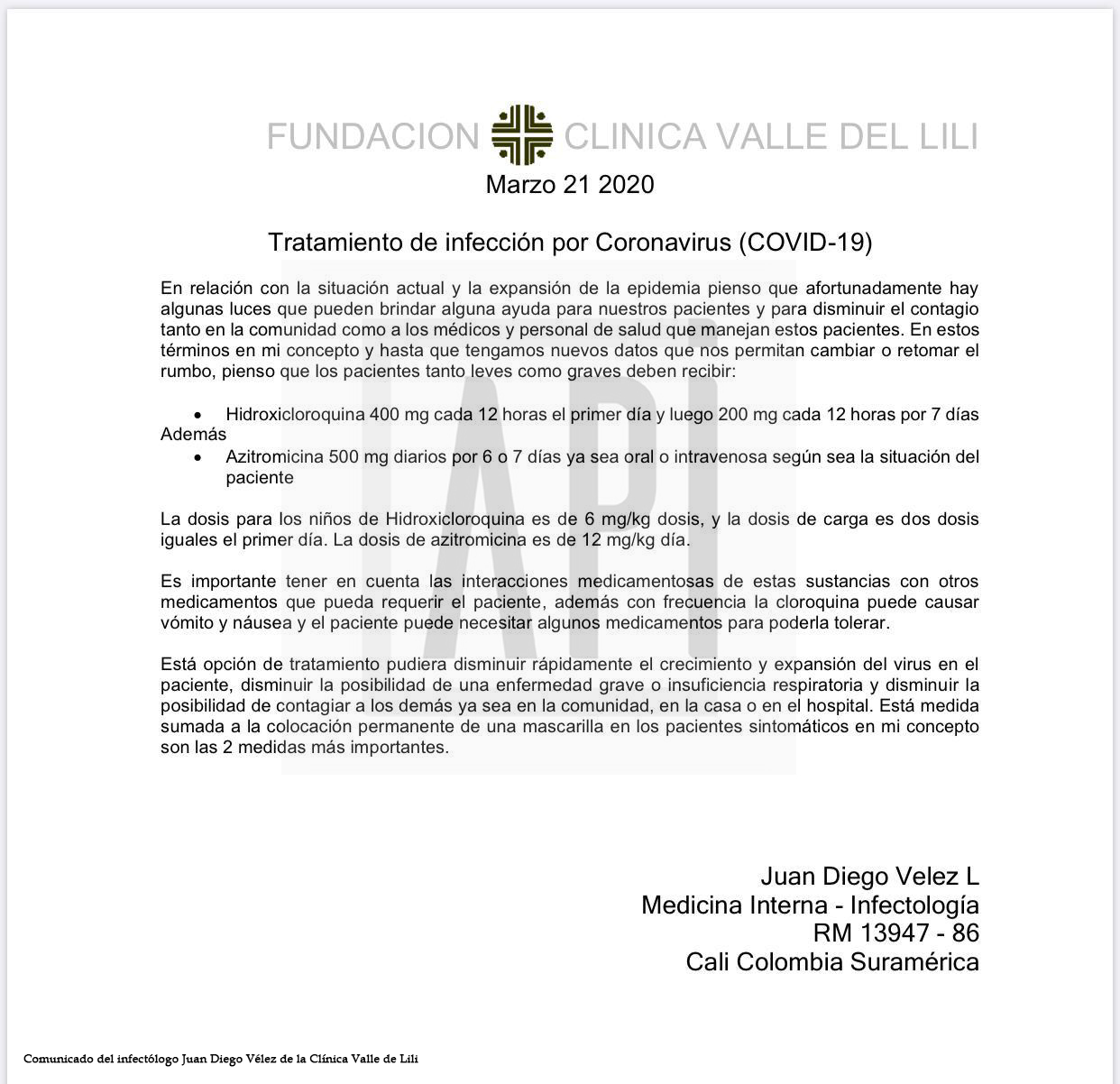 FOTO COMUNICADO DE PRENSA DE JUAN DIEGO VELEZ