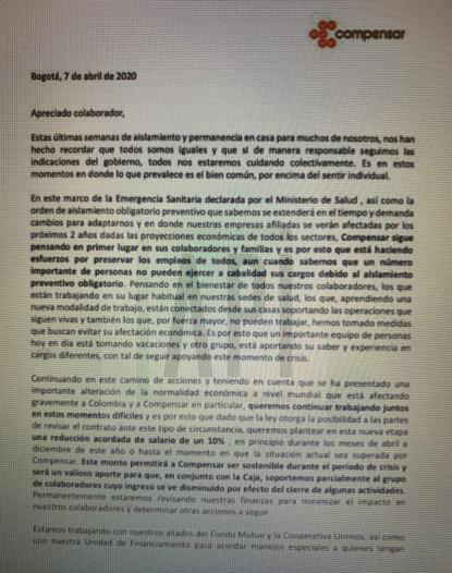 CARTA DE COMPENSAR DISMINUYENDO EN UN 20% SALARIOS DE TRABAJADORES DE LA SALUD