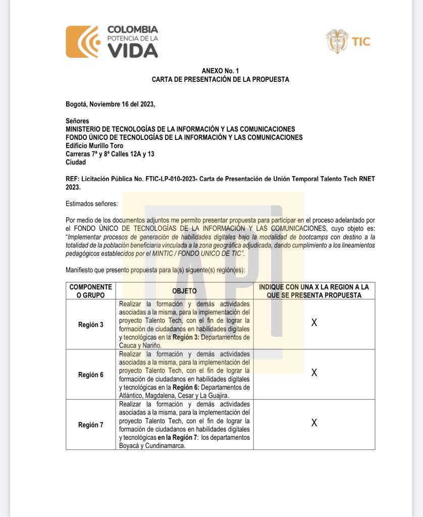 Facsímil de carta de presentación de la Unión Temporal entre Ruta N 