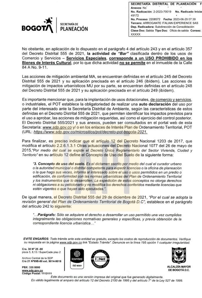 Facsímil del concepto de la secretaría de Planeación en donde no se autorizó a Arrogante operar como bar, solo restaurante.