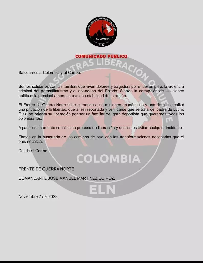 comunicado eln sobre luis manuel díaz