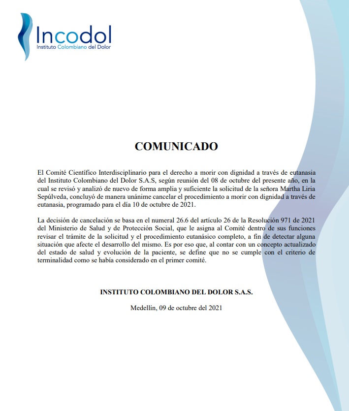 Comunicado Incodol sobre la cancelación del procedimiento de eutanasia de Martha Liria Sepúlveda