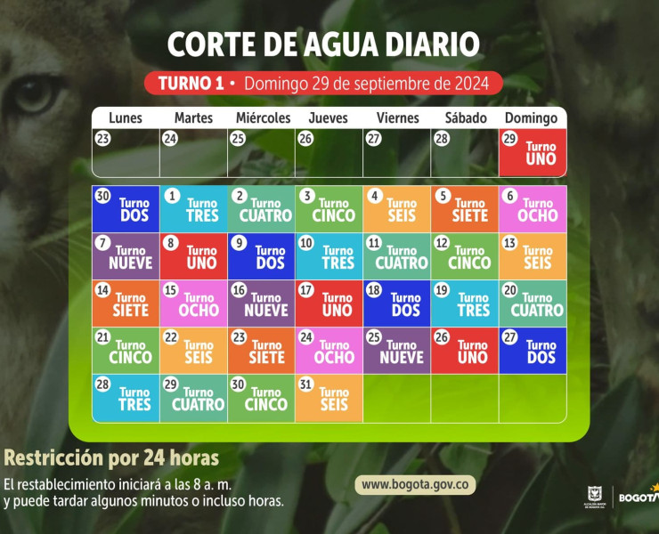  distribución de turnos de racionamiento durante el mes de octubre en Bogotá y 11 municipios aledaños