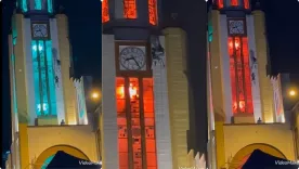 Personas descendiendo por la fachada de la iglesia